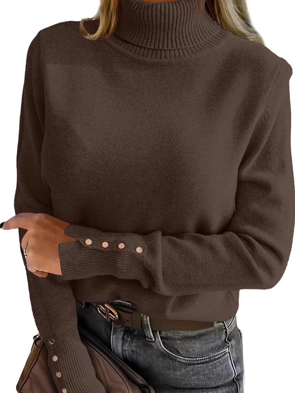 ANRABESS-Brown Turtleneck Sweater with Gold Buttons Sleeves